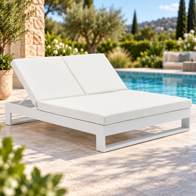 Cama exterior y jardín de aluminio blanco y tejido nautico