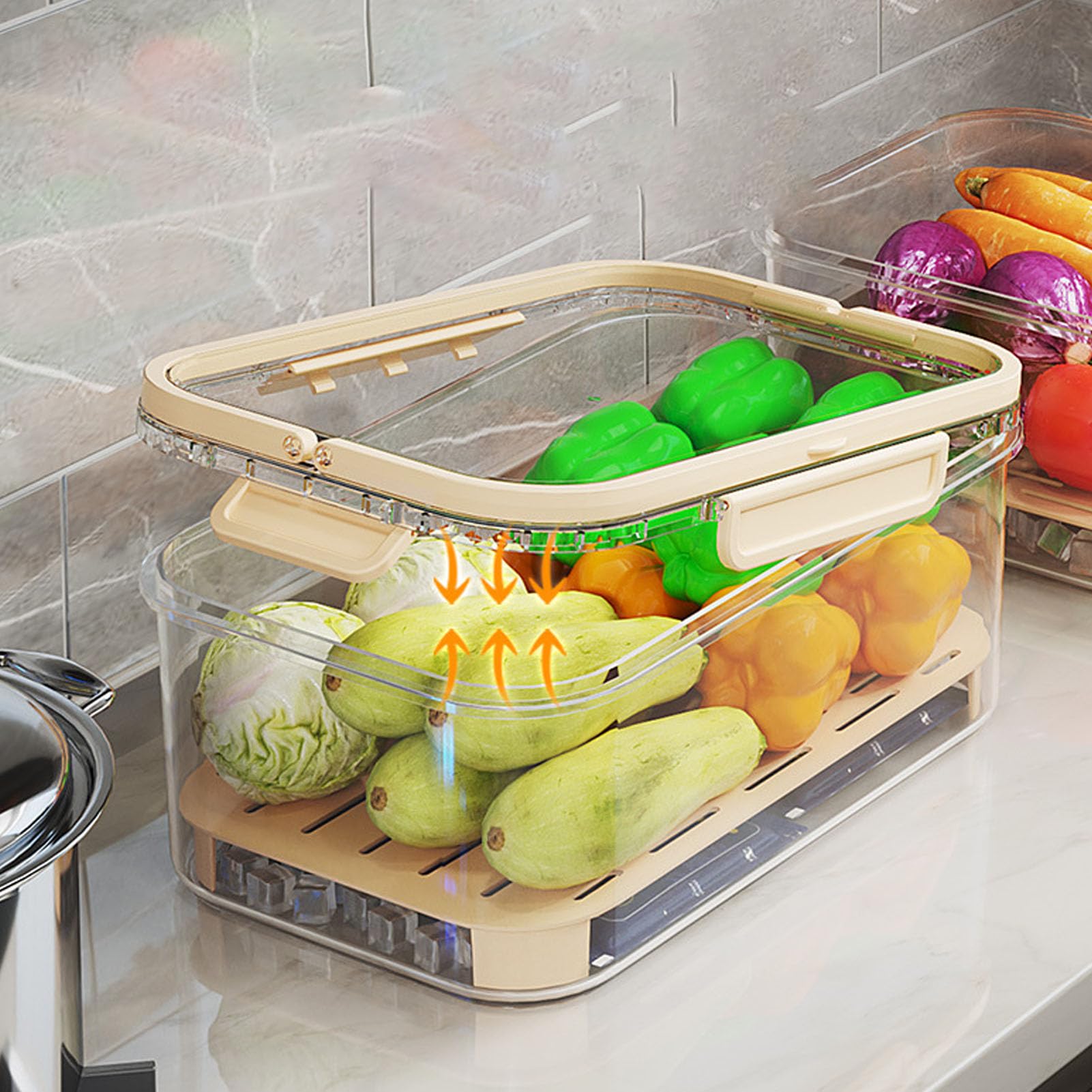 Contenitori per frutta per frigorifero con scolapasta rimovibile, 24 contenitori per frutta per frigorifero con piastra divisoria a 2 funzioni, contenitore ermetico per mantenere freschi i frutti di