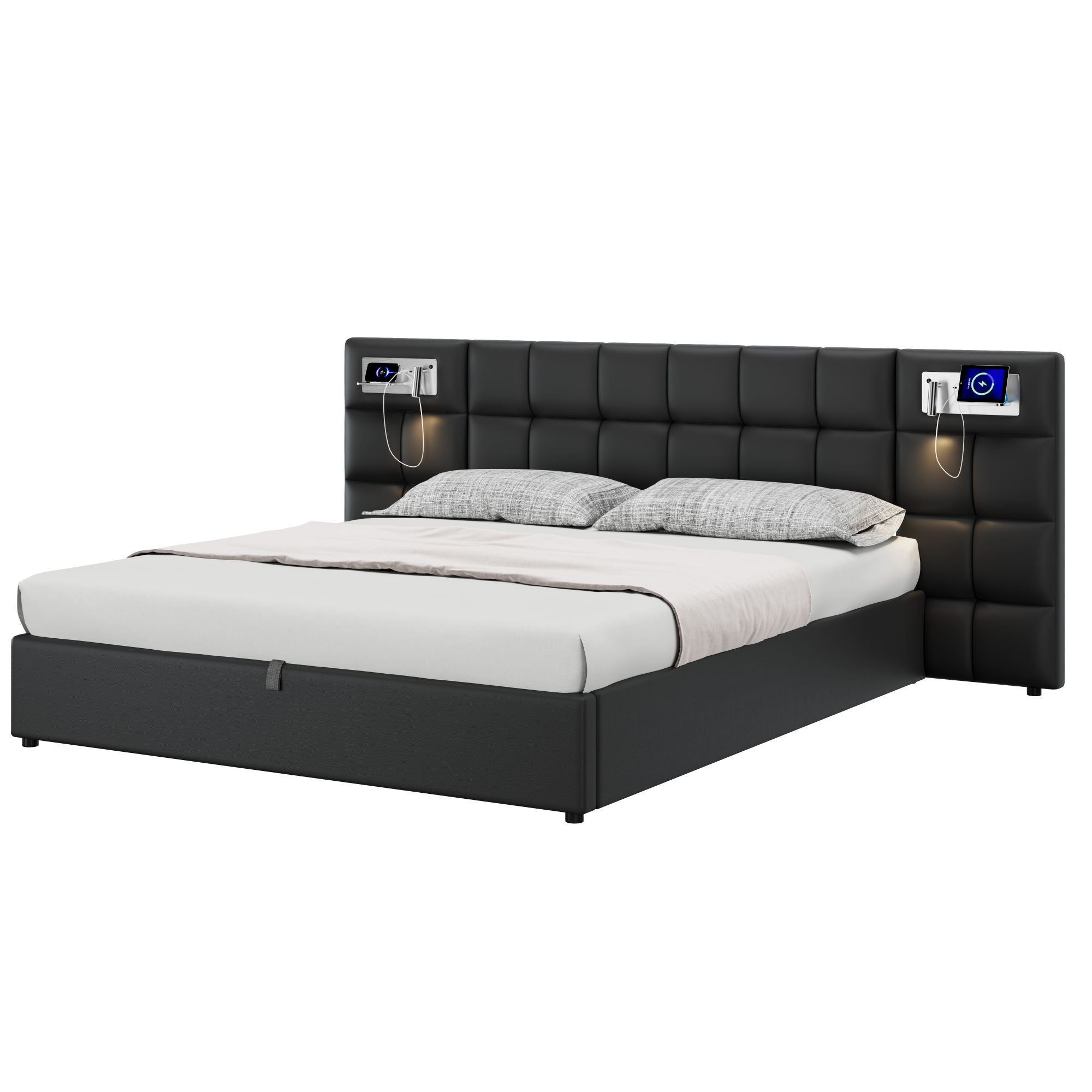 Cama contenedor de tela ecopiel 180x200 cm - con puerto USB, carga inalámbrica y LED - con somier - Negro - 4