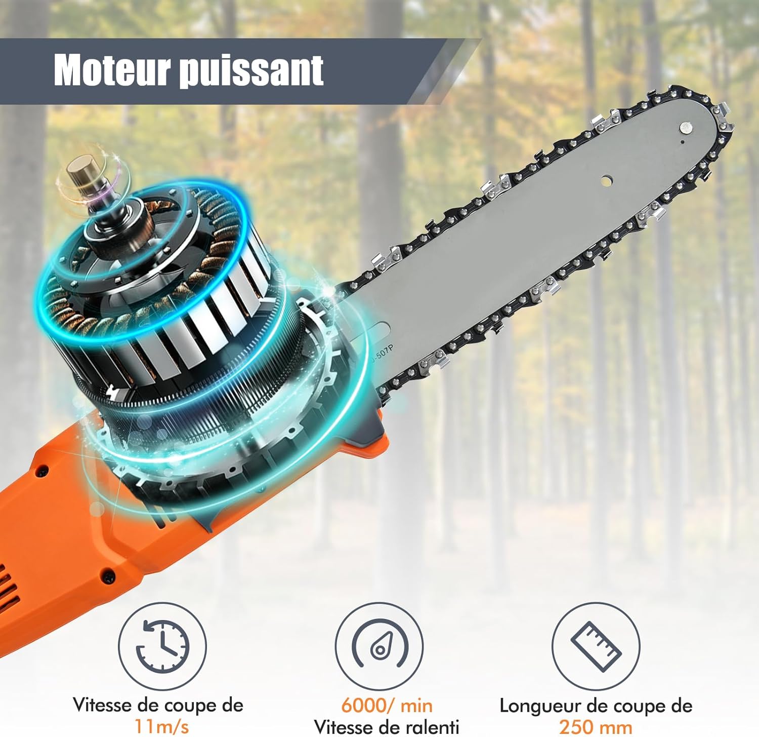 Élagueuse sur Perche Électrique 750 W, Coupe Branche avec Tête Réglable -30° à 30°, Manche Télescopique 212-286 cm Guide-Chaîne 20 cm, Vitesse 11 m/s - 6