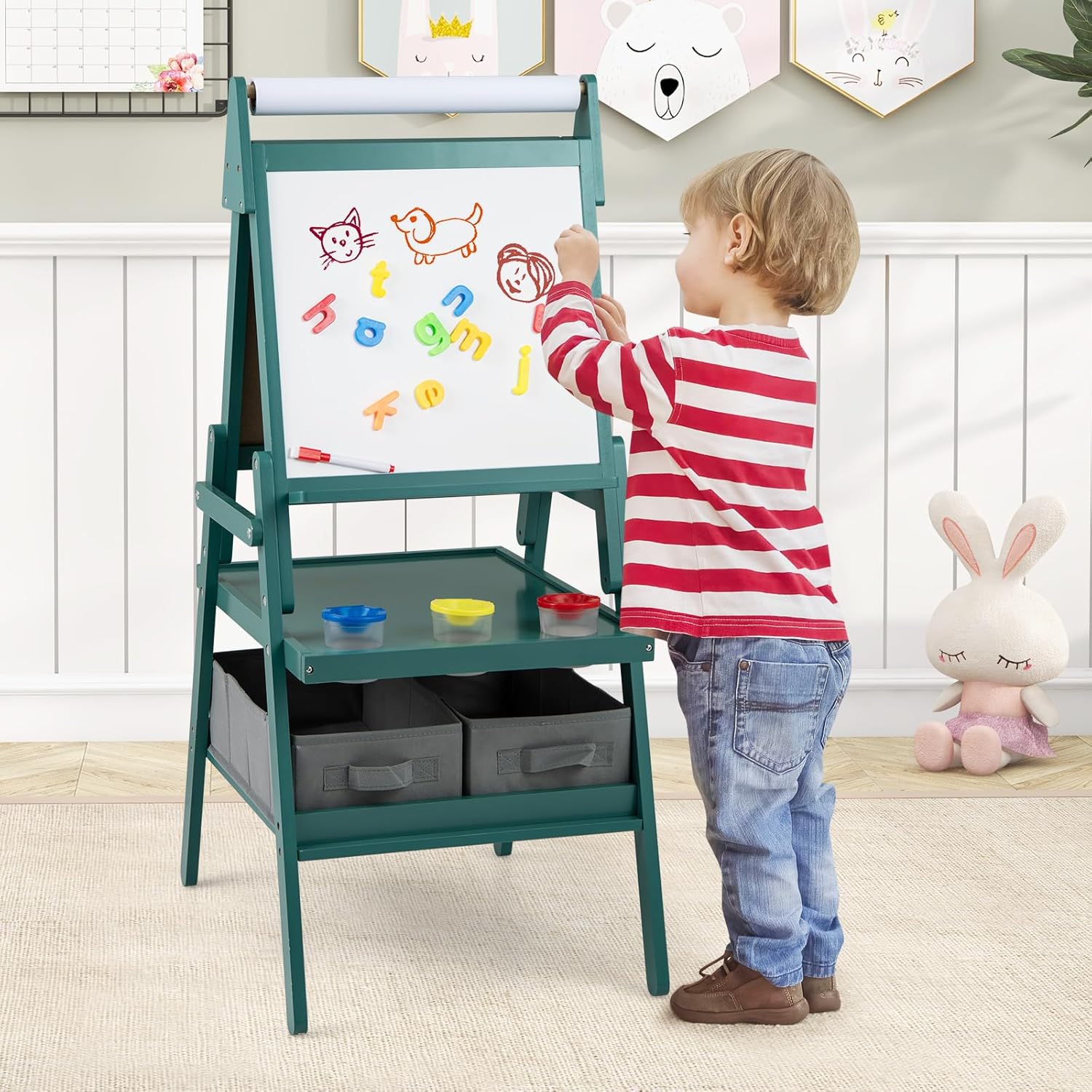 Tableau Enfant Double Face 3 en 1, Chevalet Enfant avec Tableau Blanc Noir et Rouleau de Papier, Chevalet Peinture en Bois, pour 3 à 6 Ans (Vert) - 2