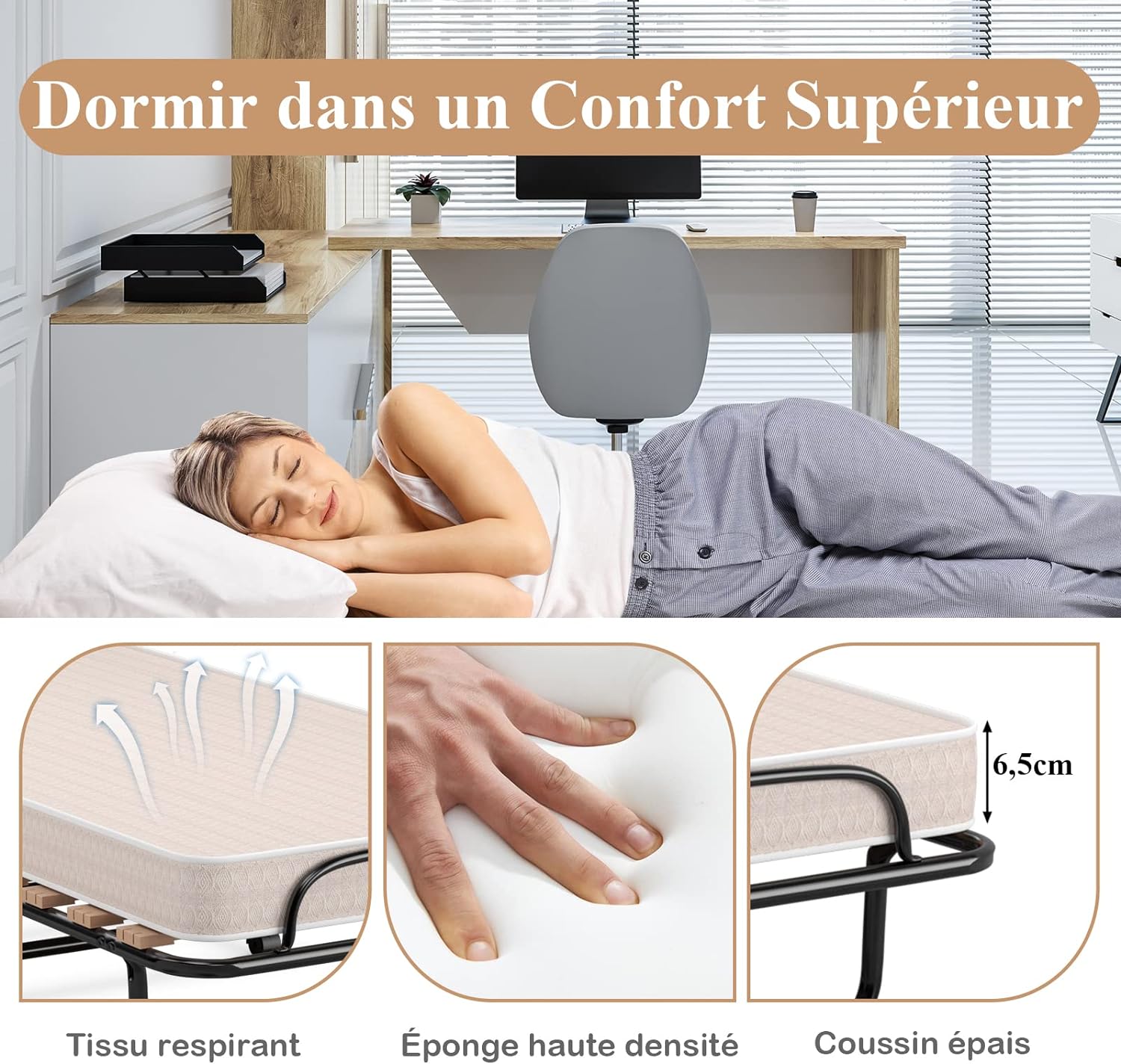 Lit Pliant 190 x 80 cm avec Memoire de Forme, Lit d’Appoint avec Cadre en Acier et 4 roulettes Universelles, Lit Pliable Fabriqué en Italie - 8