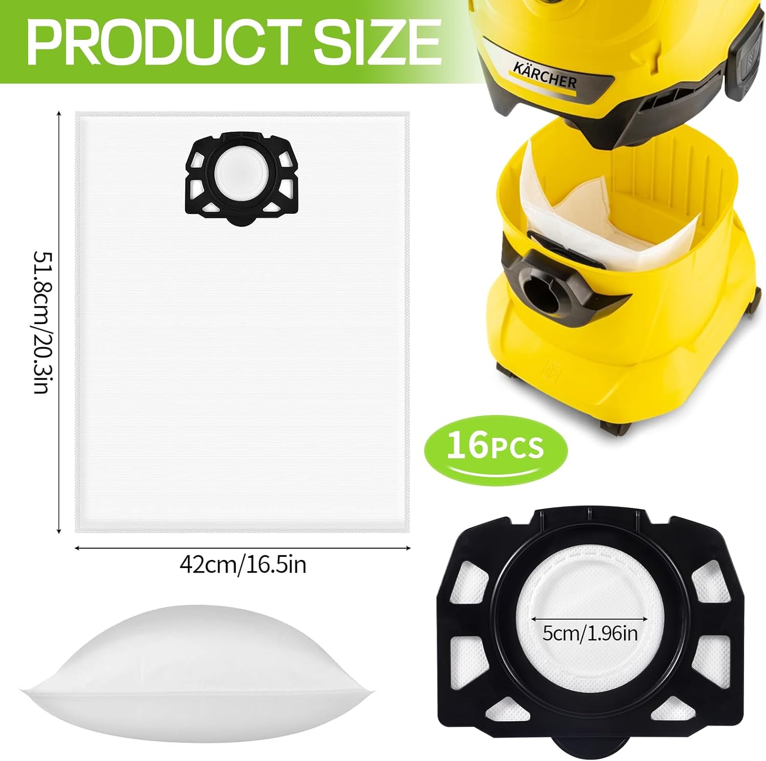 10 sacs à poussière + 2 filtres plats plissés pour Kärcher WD4, WD5, WD6, MV4, MV5, MV6, alternative au KFI 487+ KFI 4410, 2.863-006.0 + 2.863-005.0 - 6