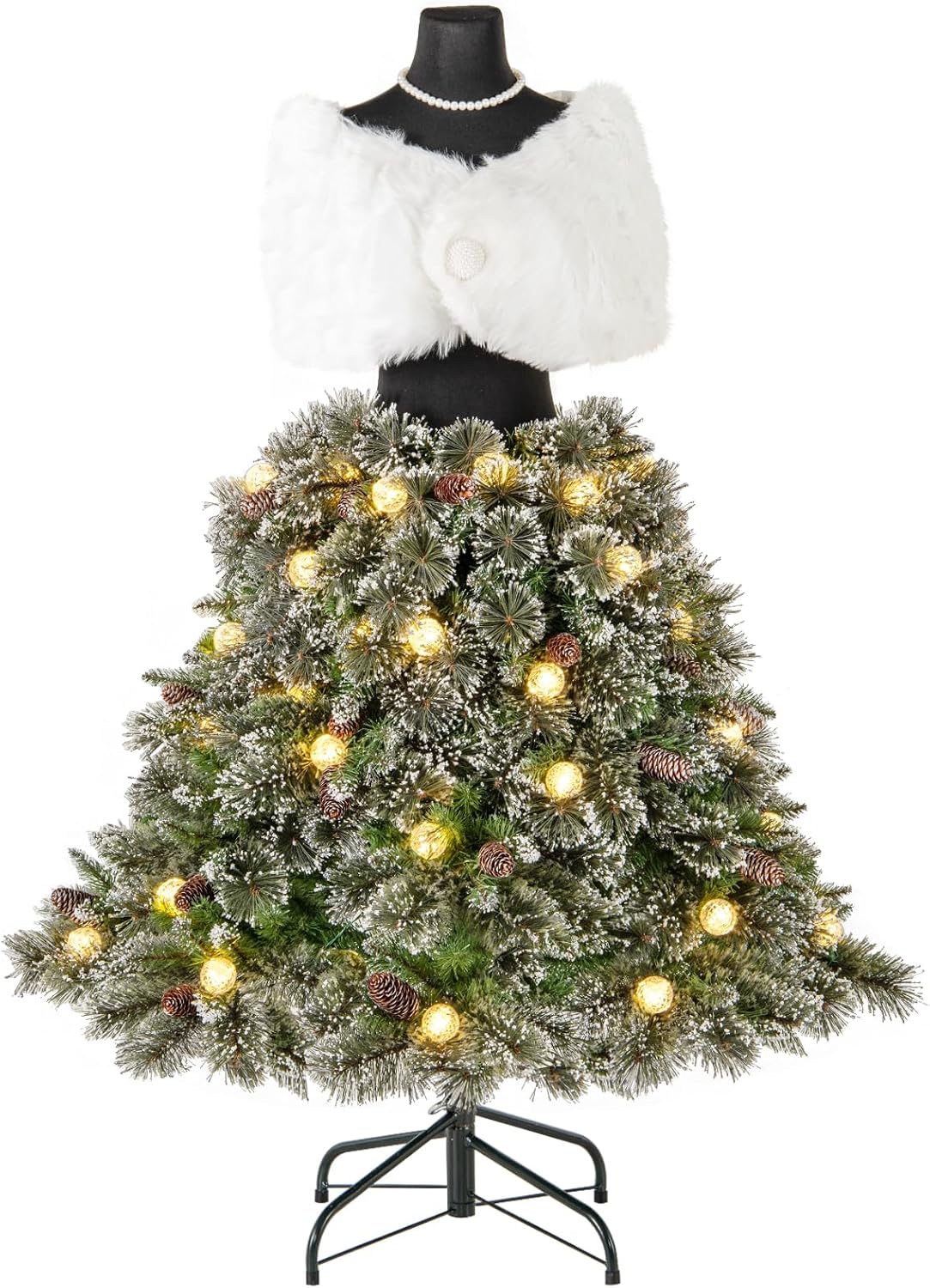 Sztuczna Choinka Bożonarodzeniowa 150 cm z Oświetleniem i Manekinem 2 w 1, z Białym Szalem, Naszyjnikiem, 50 Lampkami LED, 465 Gałęziami