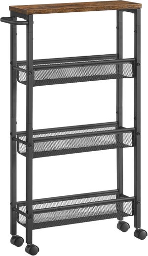 Carrello Cucina 4 Ripiani - Con Ruote, Acciaio, Beige Rovere E Bianco, Per Piccoli Spazi, 13cm Profondit&agrave;