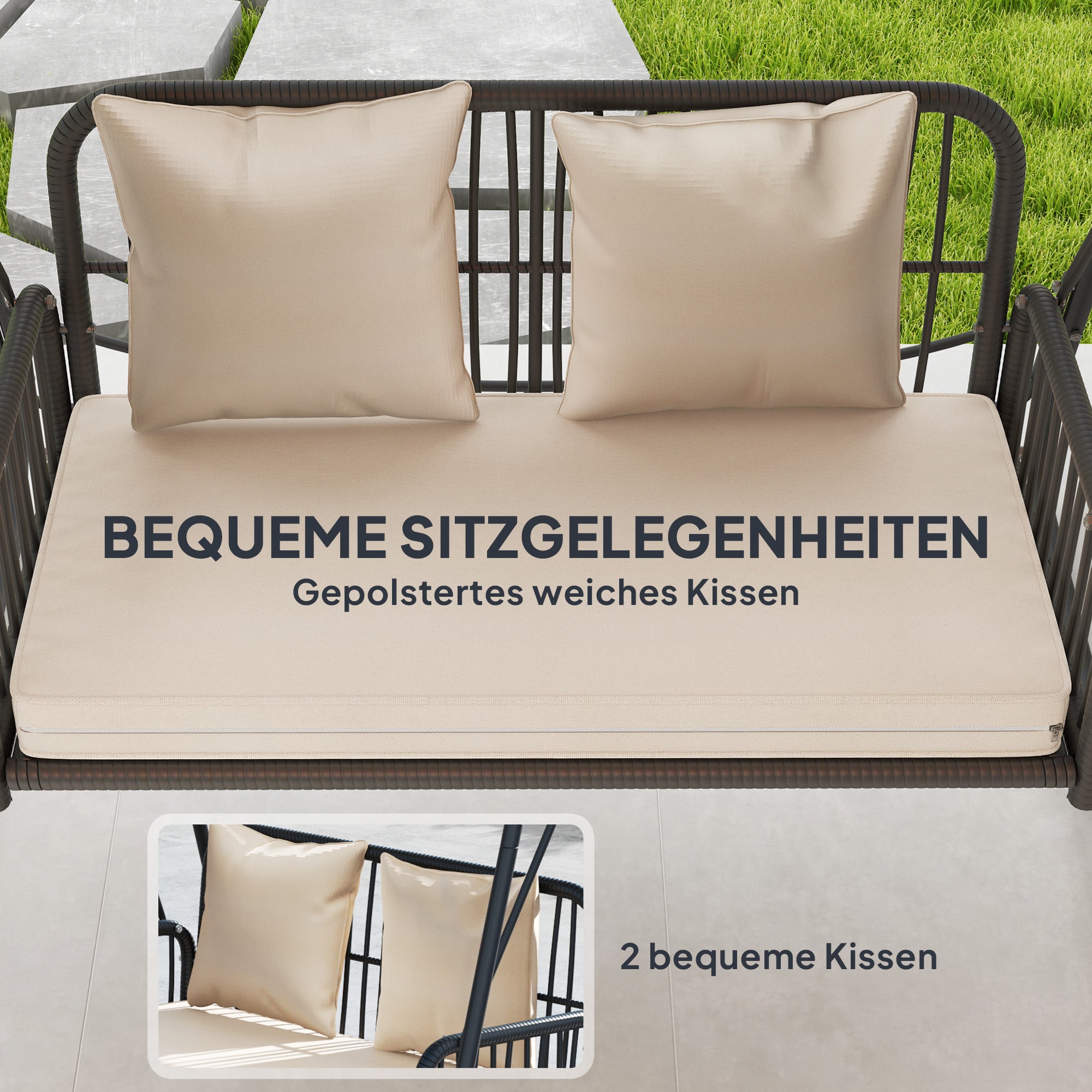 Balancelle de jardin Hollywood Swing 2 places en rotin avec auvent et coussins, jusqu'à 240 kg, 149 x 121 x 180 cm, kaki - 7