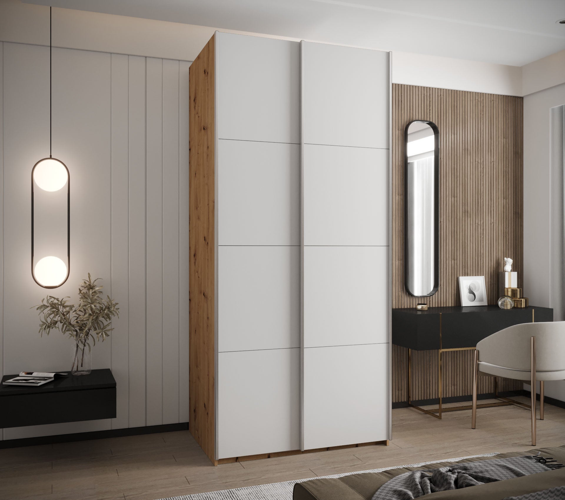 Szafa przesuwna wysoka Lux 1 100 x 64 x 245,5 cm artisan + biały + u. srebrny - Abiks Meble - 2