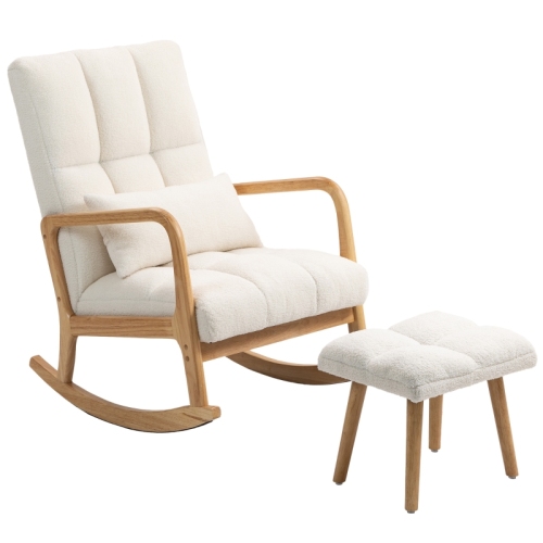 Fauteuil à Bascule HOMCOM Avec Repose-pieds - Housse Polaire - Dossier Haut - Bois D'hévéa - Pour Salon Ou Chambre - Blanc