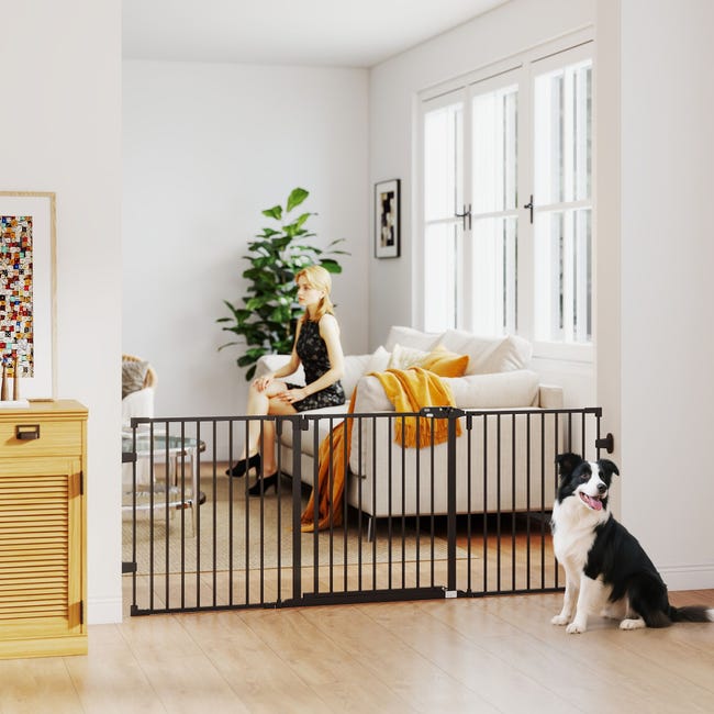 Cancelletto Sicurezza Metallo Per Cani Regolabile - Barriera Pieghevole Con Chiusura Automatica 180x74.5cm Nero - Foto 1