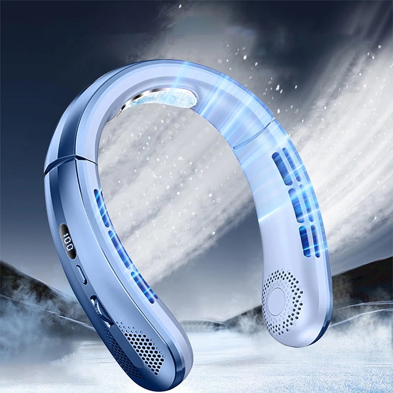 Letni niebieski bezłopatkowy wentylator na szyję ładowanie przez USB wyświetlacz cyfrowy ustawienie prędkości wiatru odpowiedni biwakowania i podróży