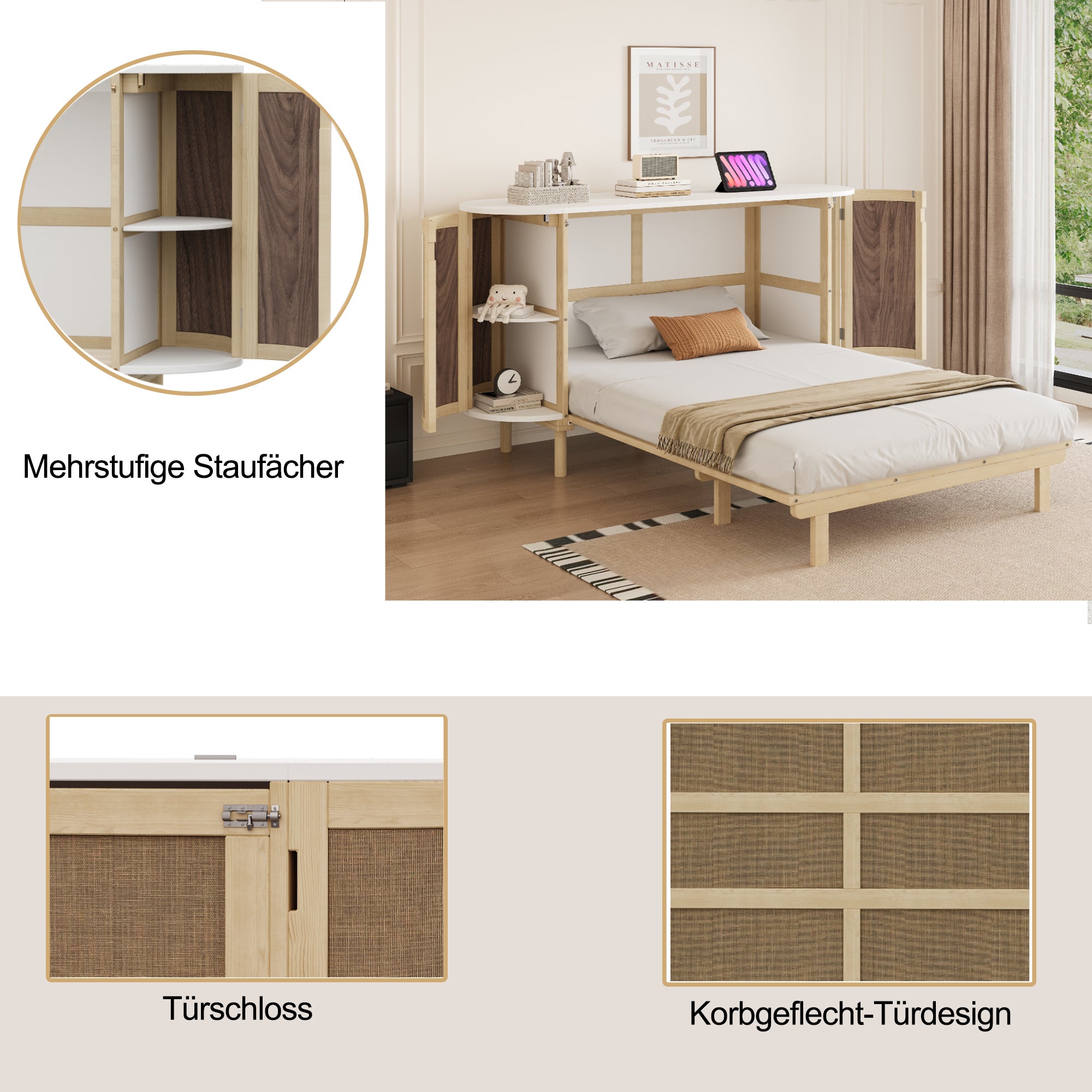 Cama abatible 140x200 con somier,cama de madera maciza con almacenaje y estanteria abierta,diseño de ratán, cama doble para adolescentes,color madera - 5