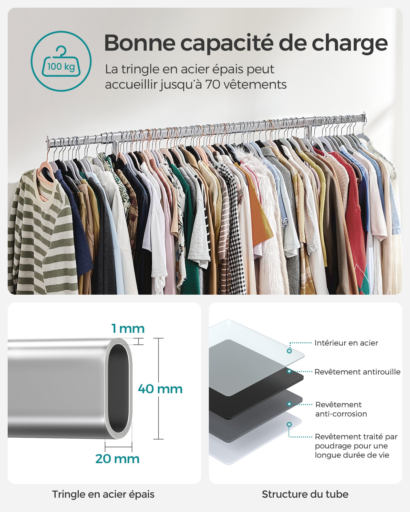 Portant à Vêtements avec Roulettes, Tringle Extensible pour Charge Lourde, Porte-manteau, Rangement Vêtement, Capacité de Charge 100 kg,Argent - 3