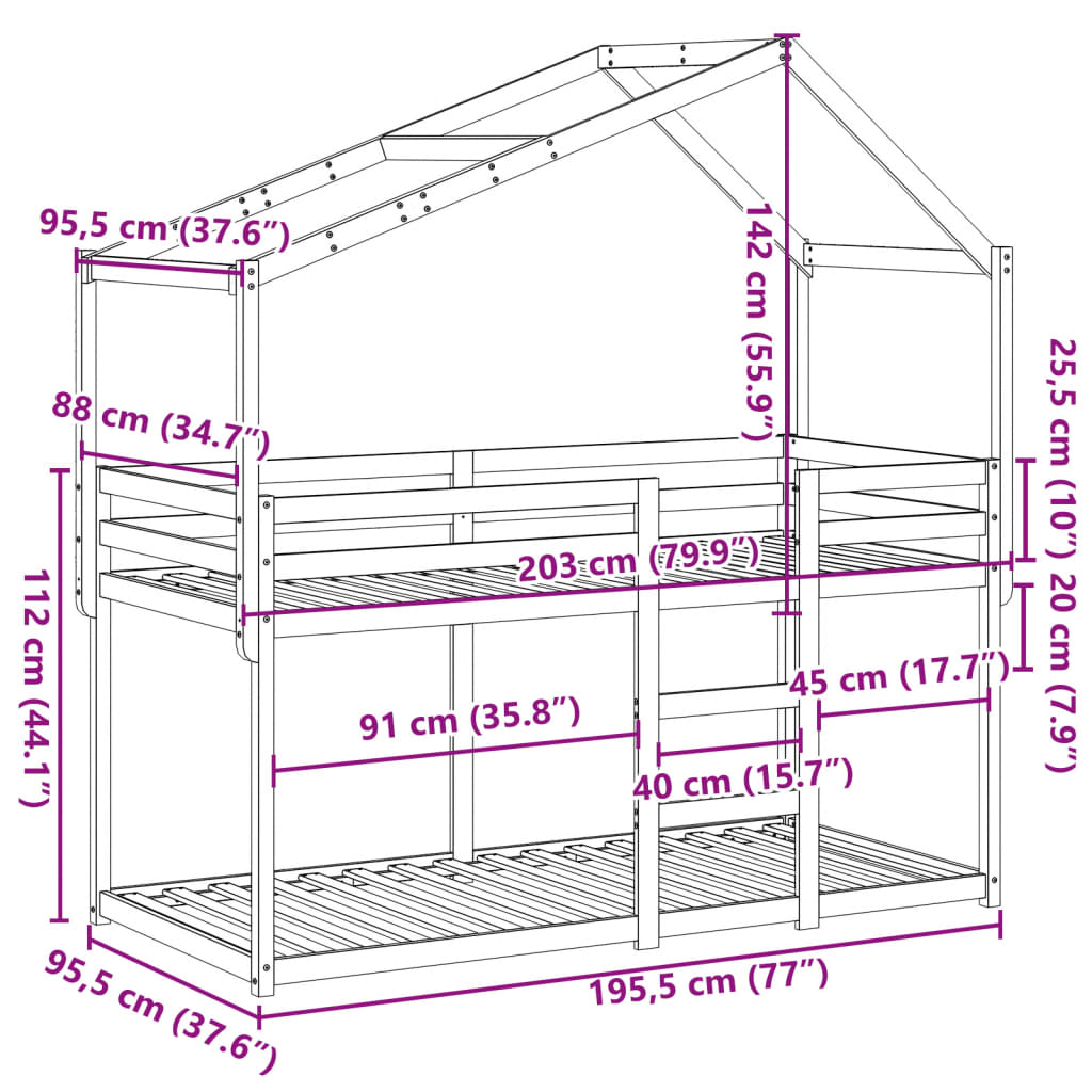 Lit superposé avec toit blanc 90x190 cm bois massif de pin - 9