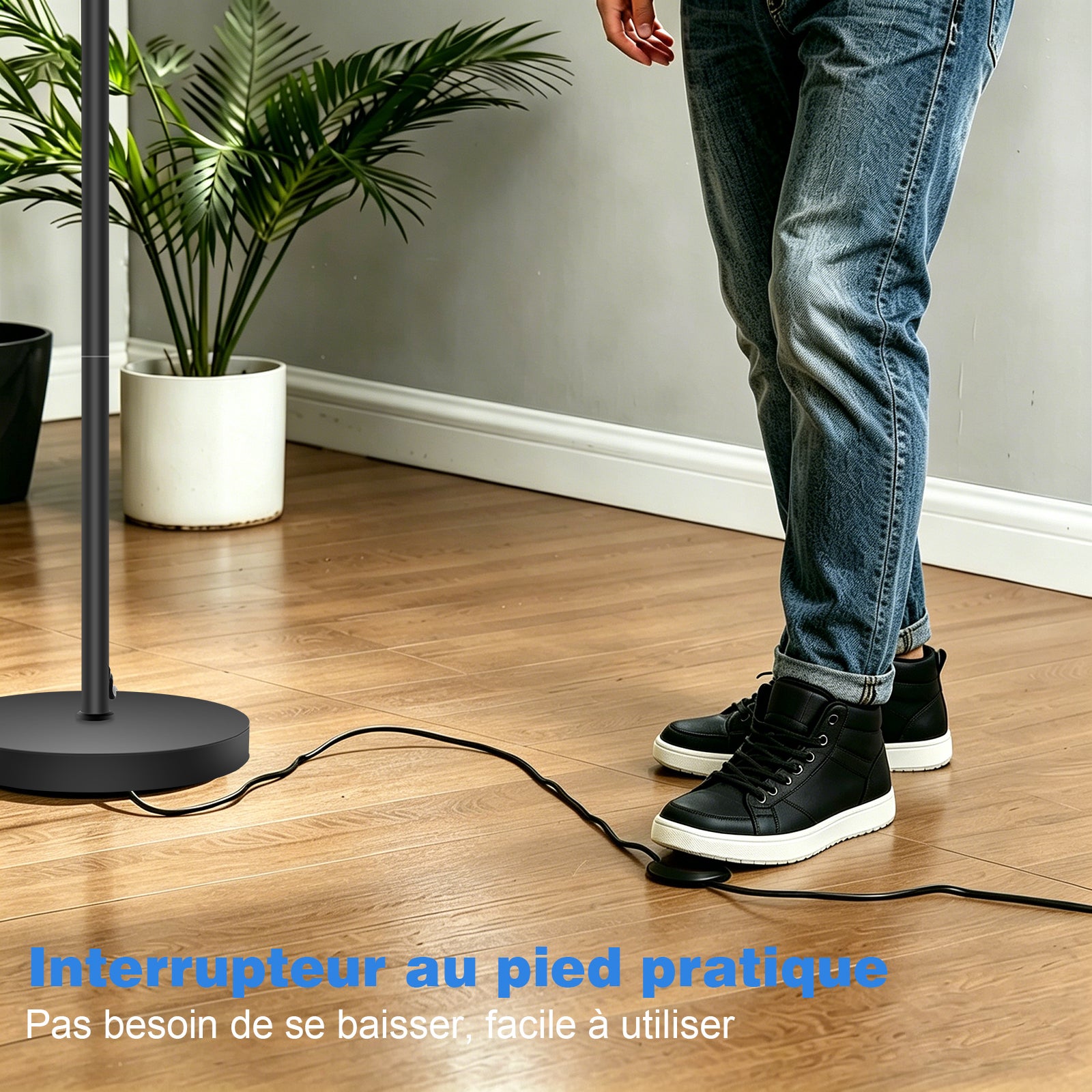 Lampadaire arc LED 170 cm noir lampe de lecture, 12W, 1400 lm, 3000K, design vintage, abat-jour tissu, métal, interrupteur au pied, E27, LOVHAUS - 4