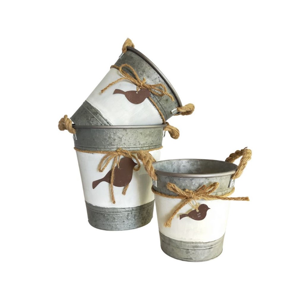 ~ Set de 3 cache-pots en métal blanc gris et marron Ø.18-21-25 cm ...