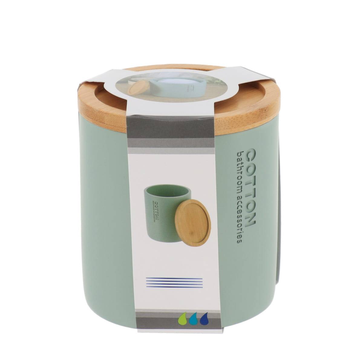 BOITE A COTON POLYRESINE COUVERCLE BAMBOU - VERT EUCALYPTUS/BAMBOU - Tendance - 2