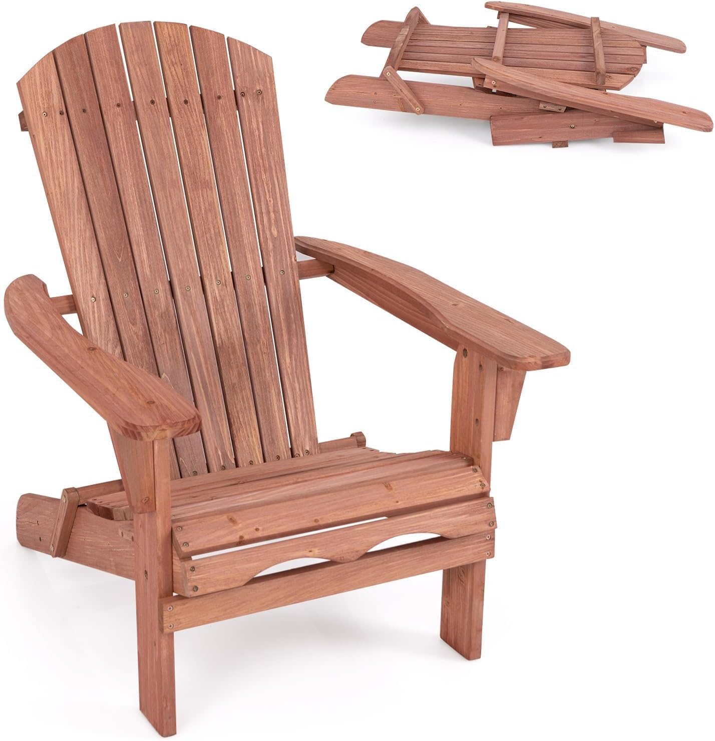 Krzesło Adirondack, Składane Krzesło Ogrodowe z Ramą z Litego Drewna, Zakrzywionym Oparciem i Szerokimi Poręczami, Nośność 180 kg, na Taras, do Ogrodu