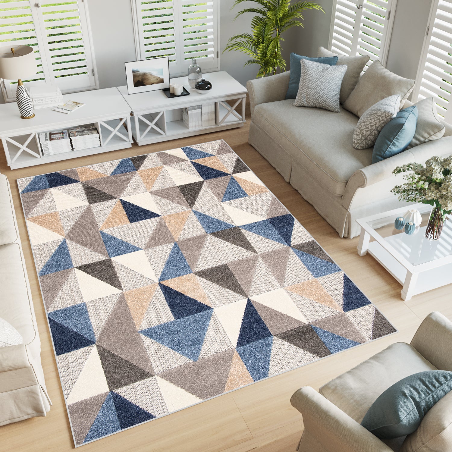 Tapiso patio alfombra exterior interior habitación cocina terazza balcón efecto 3d azul gris beige crema geométrico pelo corto 120 x 170 cm