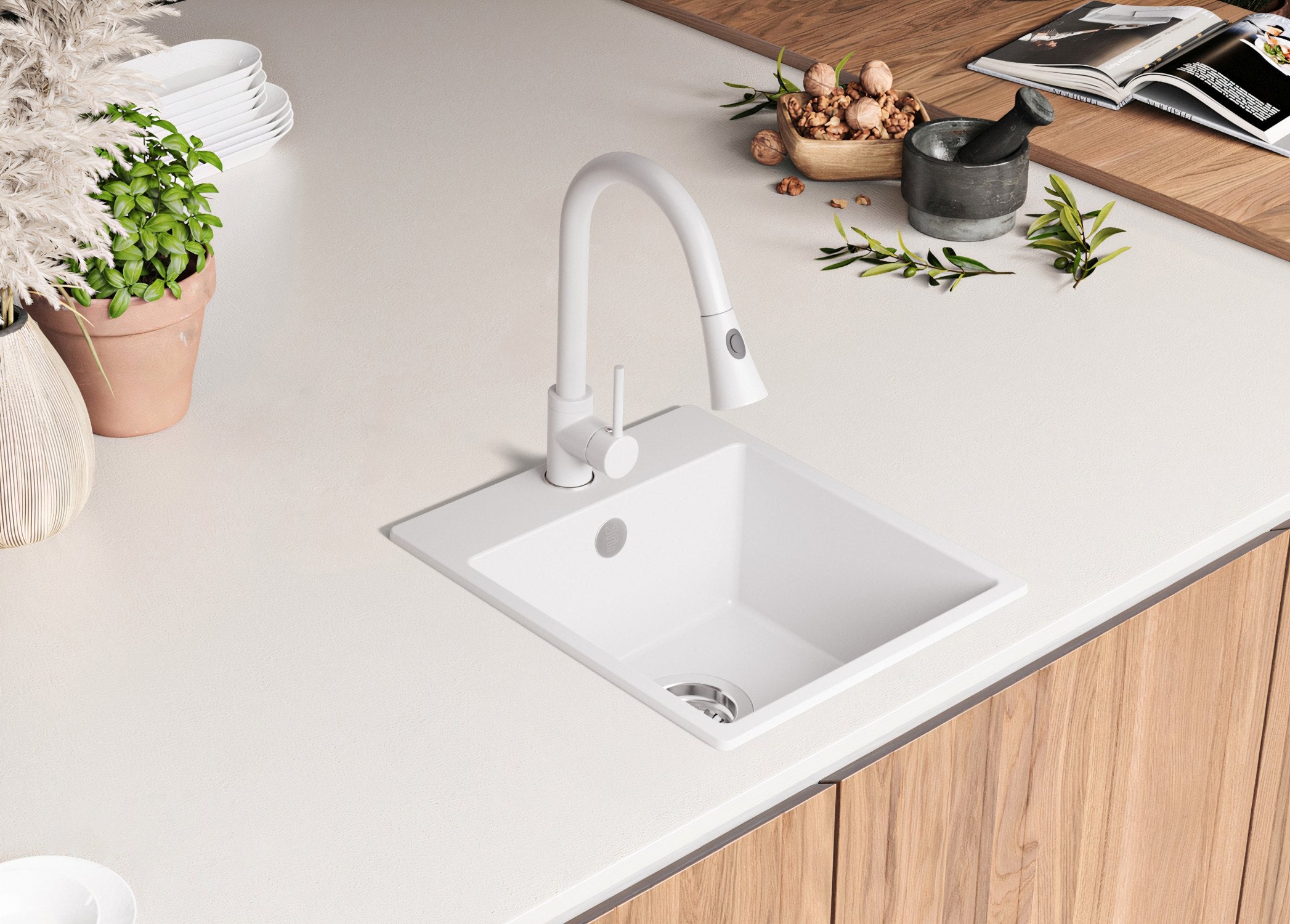 Evier Cuisine en Granit Blanc 38x44cm, Lavabo 1 bac + Kit de Vidage, Évier à Encastrer au meuble 40cm - Riga Easy PRIMAGRAN - 7