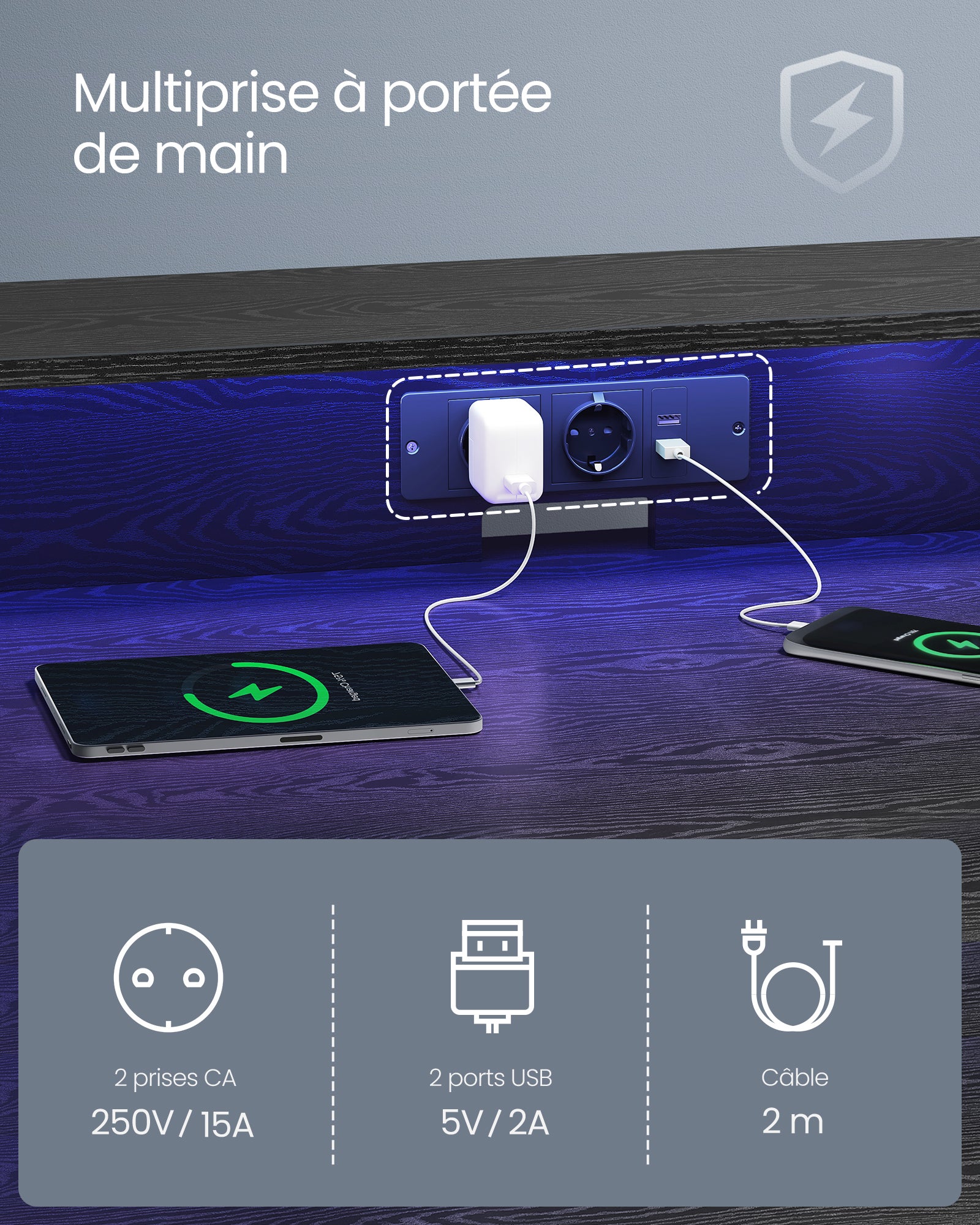 Bureau Gaming avec LED et Multiprise, Bureau Informatique avec Rehausseur d’Écran, 60 x 120 x 75 cm, Noir Boisé - 4