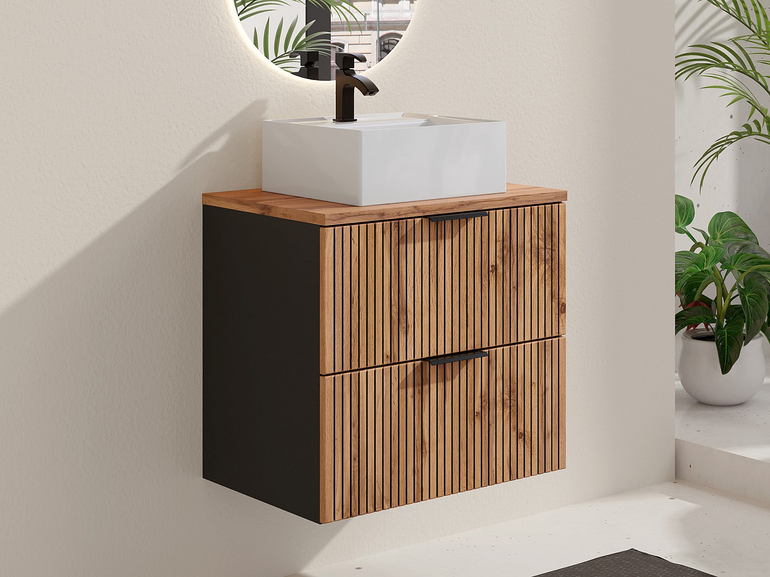 Wisząca szafka łazienkowa z prążkowanym frontem i kwadratową umywalką nablatową – jasny naturalny i czarny – 60 cm – MADELA