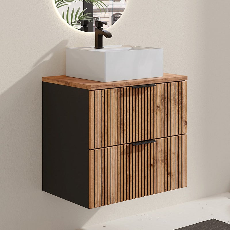 Wisząca szafka łazienkowa z prążkowanym frontem i kwadratową umywalką nablatową – jasny naturalny i czarny – 60 cm – MADELA
