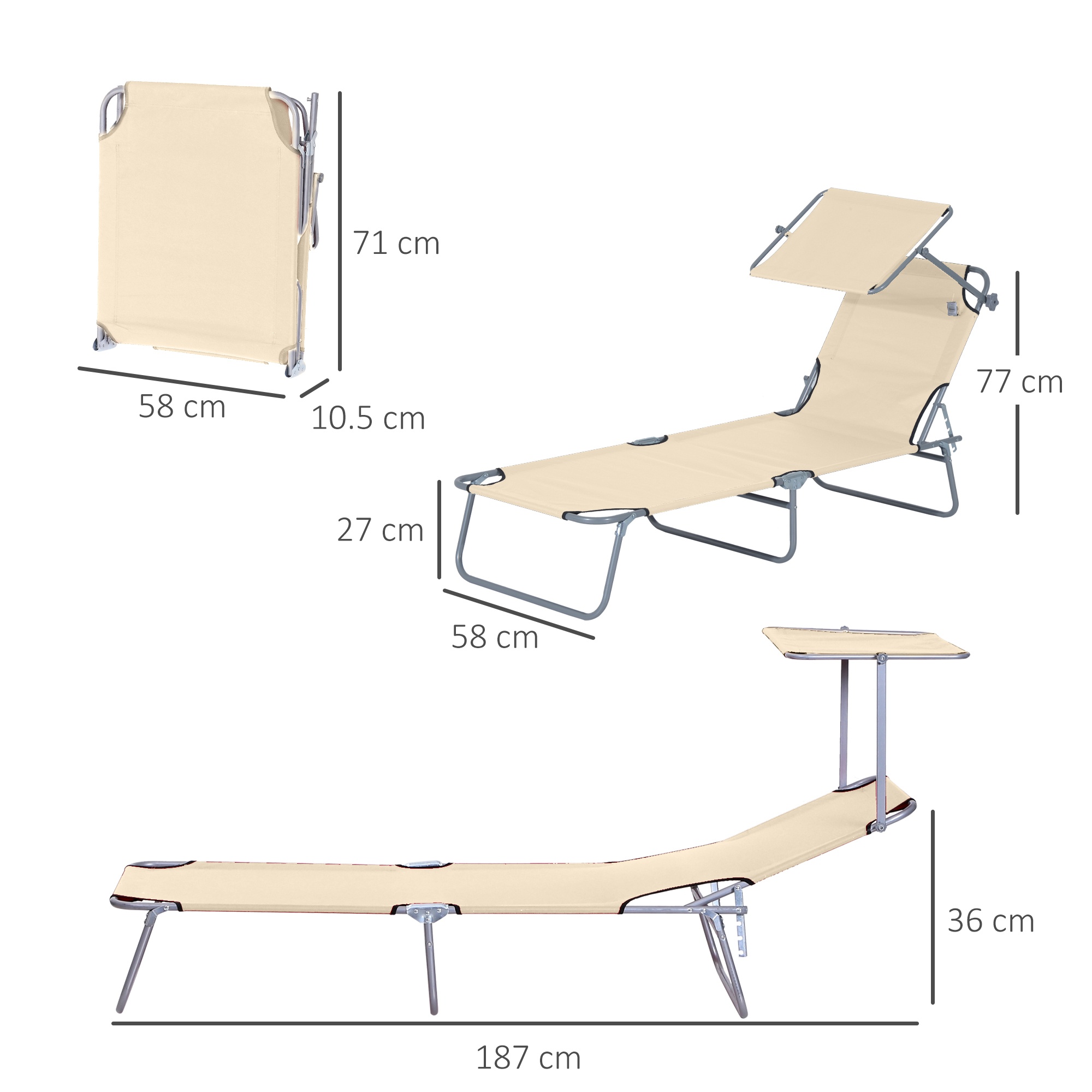 Chaise longue de jardin，Relax，Avec toit，Pliable ，187 x 58 x 36 cm，Beige - 3