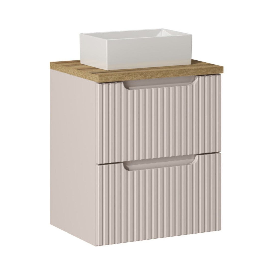 Conjunto vano cachemira y roble 50cm: mueble bajo lavabo con cajones + encimera para lavabo + lavabo rectangular sobre encimera