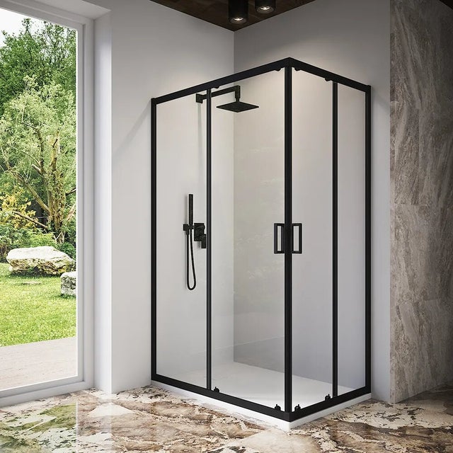 Box doccia 70x120 cm angolare scorrevole profili nero opaco vetro 6mm trasparente h185 | Tonga
