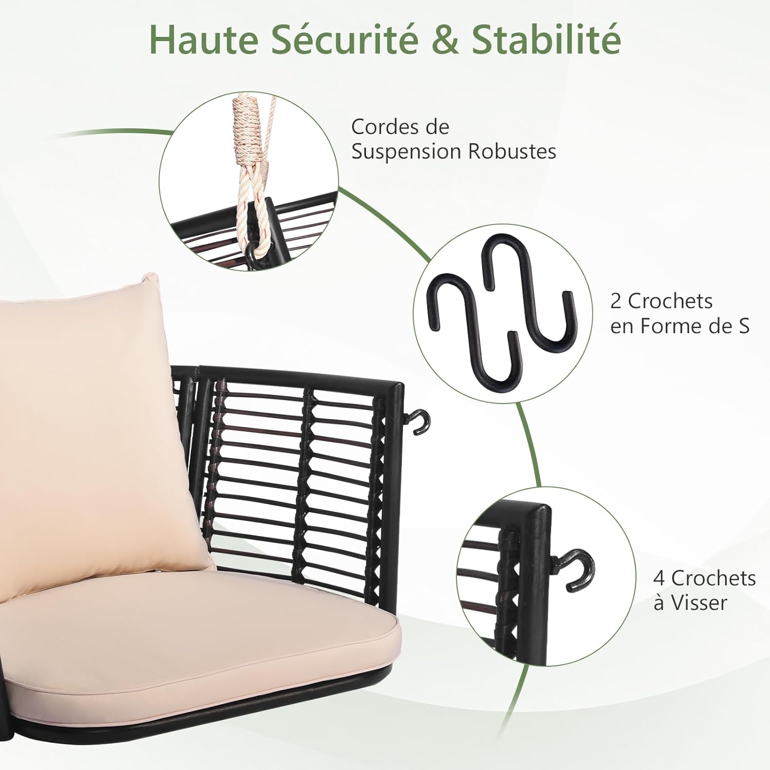Chaise Balançoire d'Extérieur en Rotin, Balancelle avec Coussins de Siège et de Dossier, 2 Cordes de Suspension, Cadre en Métal, Charge 180 kg - 8