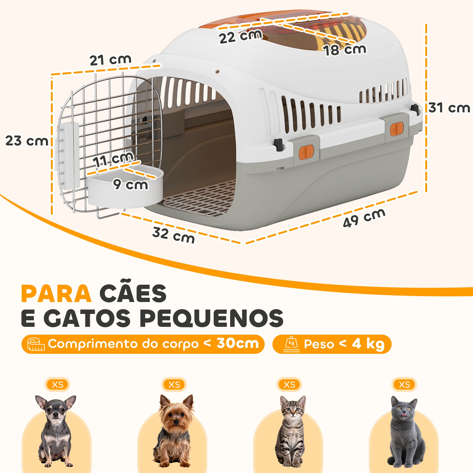 Transportadora Cães e Gatos Pequenos 49x32x31cm Sistema Triplo Fecho Claraboia Cinzento 4kg - 2