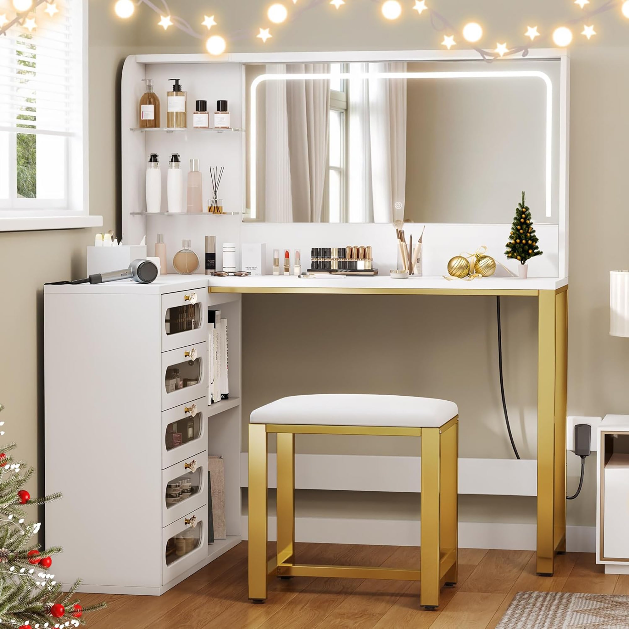 Coiffeuse avec miroir led, tabouret de coiffeuse, 5 tiroirs et 2 compartiments de rangement, design d'angle en L, blanc, table d'appoint, coiffeuse - 2