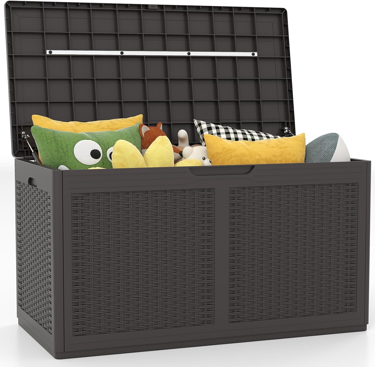 Wodoodporny Pojemnik Ogrodowy 380 l, Pojemnik Ogrodowy z 2 Kółkami, Nośność 200 kg (Brązowy, 111 x 56 x 61 cm, 380 l)