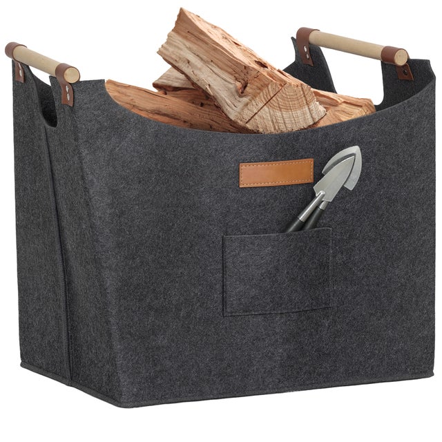 Panier à bois d'intérieur avec poignée en bois, adapté pour contenir des couvertures, des magazines et du bois de chauffage, 45x32x40 cm,gris foncé