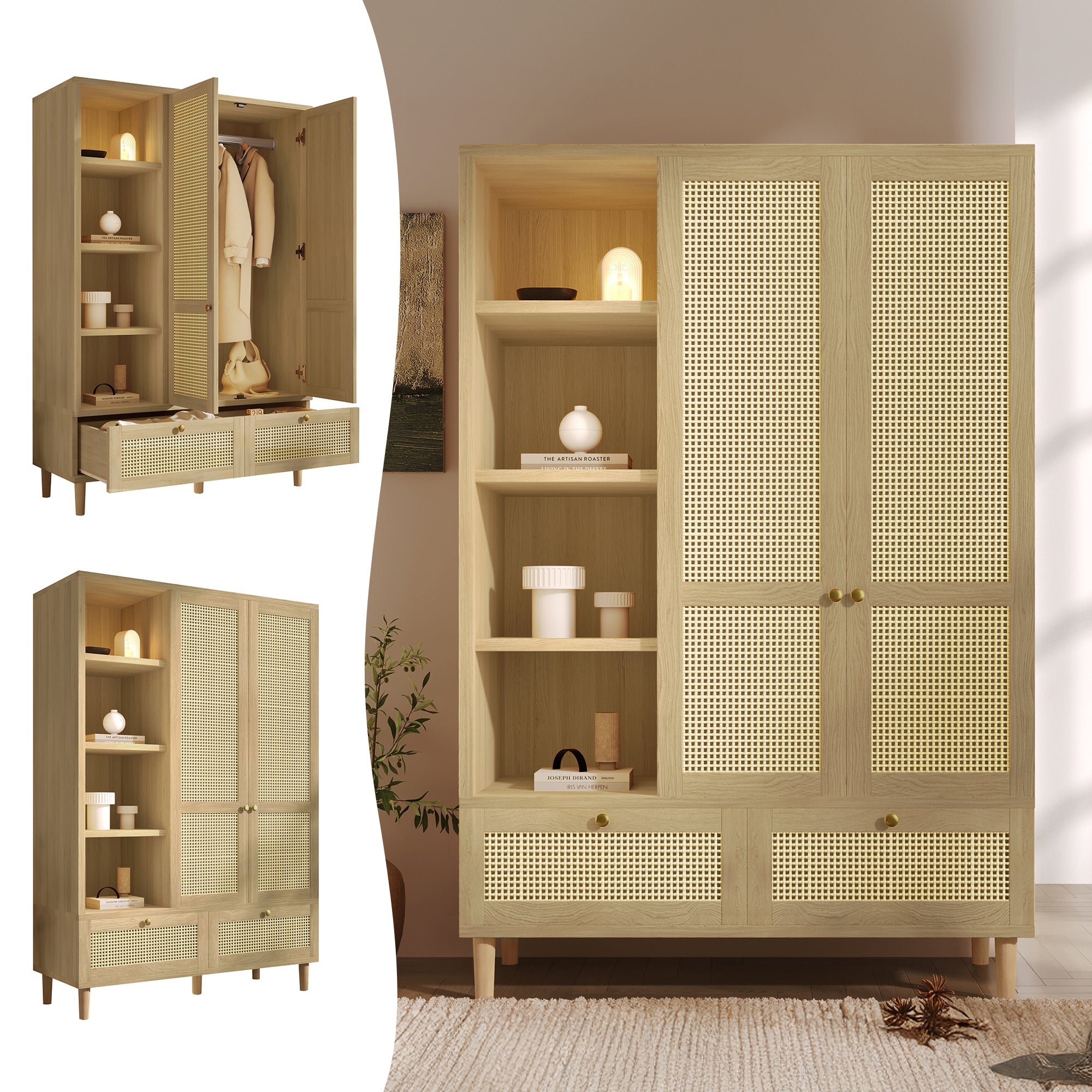 Szafa z 2 drzwiami z plecionego rattanu, 2 szufladami i 4 otwartymi półkami - 120 x 50 x 180 cm - MDF + drewno lite - Dąb