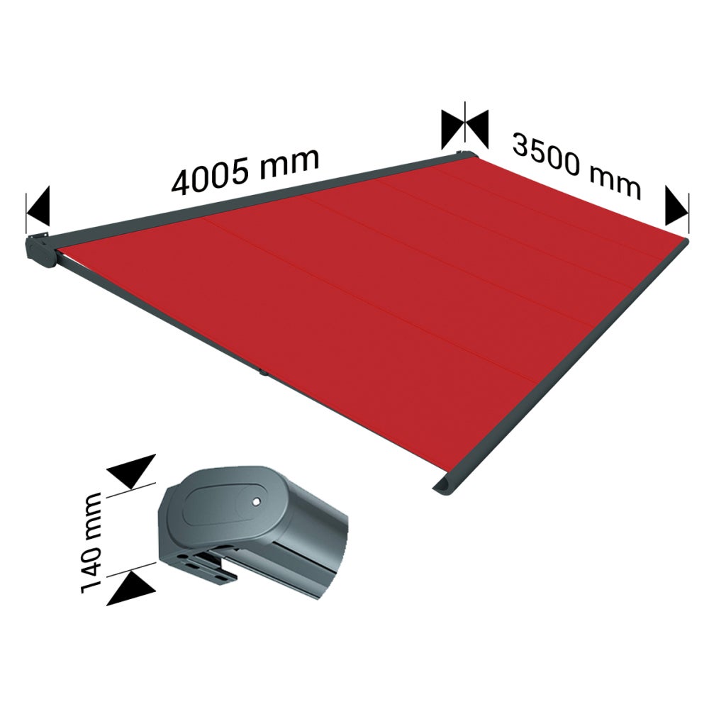 Store banne Coffre intégral PROTECT 2 LED SMART Gris Anthracite 4,05x3,50m Motorisé à télécommande + Capteur Vent + LED - Toile Rouge - 4