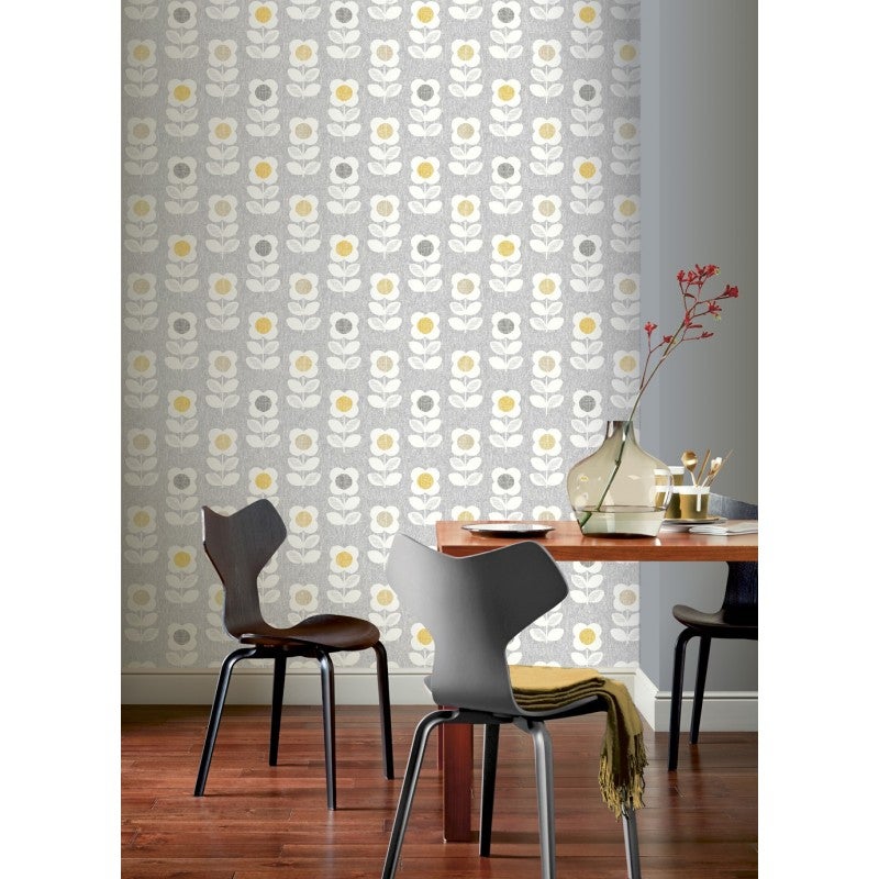 Papel pintado pared flor de estilo retro - retro flower amarillo y gris arthouse - rollo de 10 m x 0,53 m