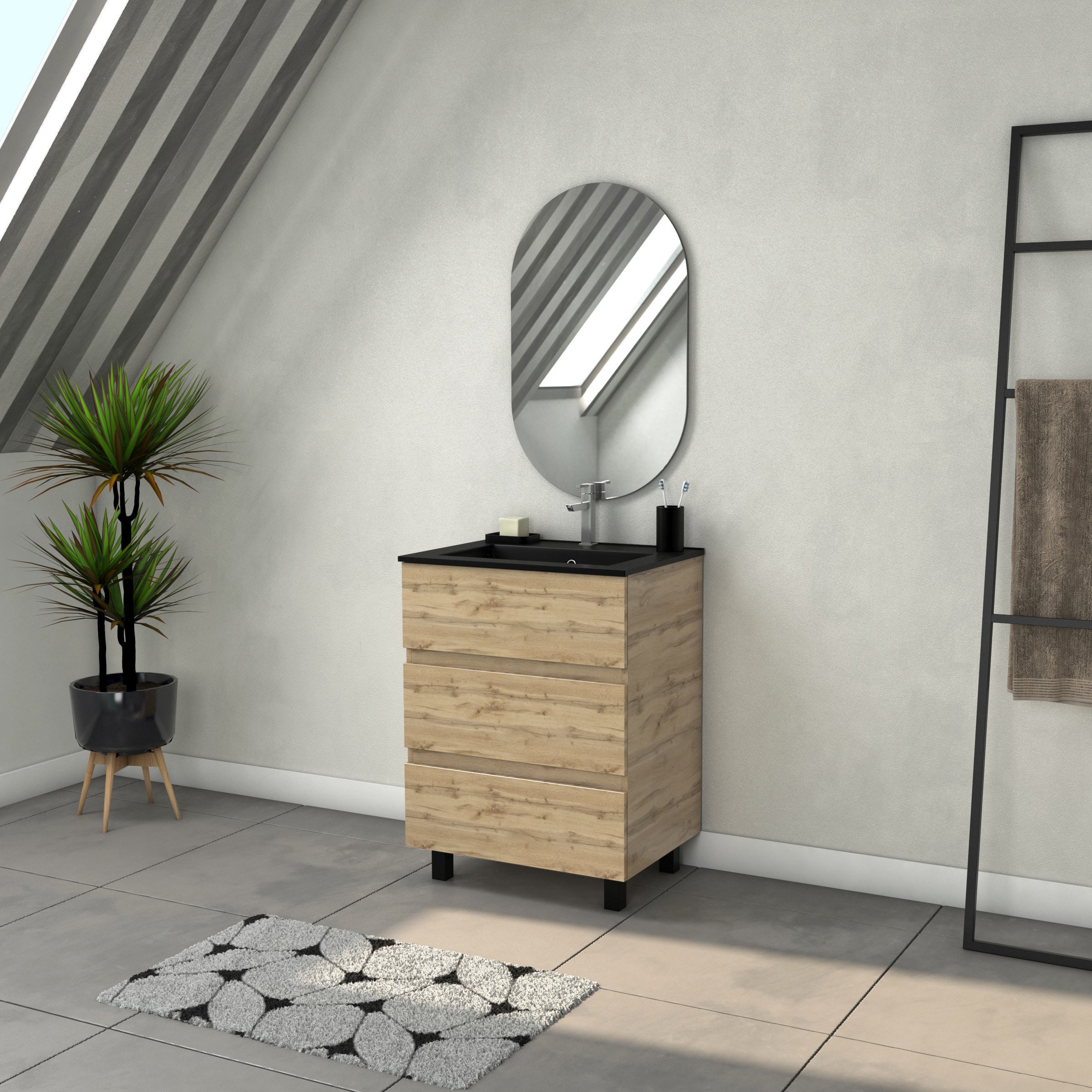 Mueble baño 60cm 3 cajones roble natural + lavabo negro + espejo