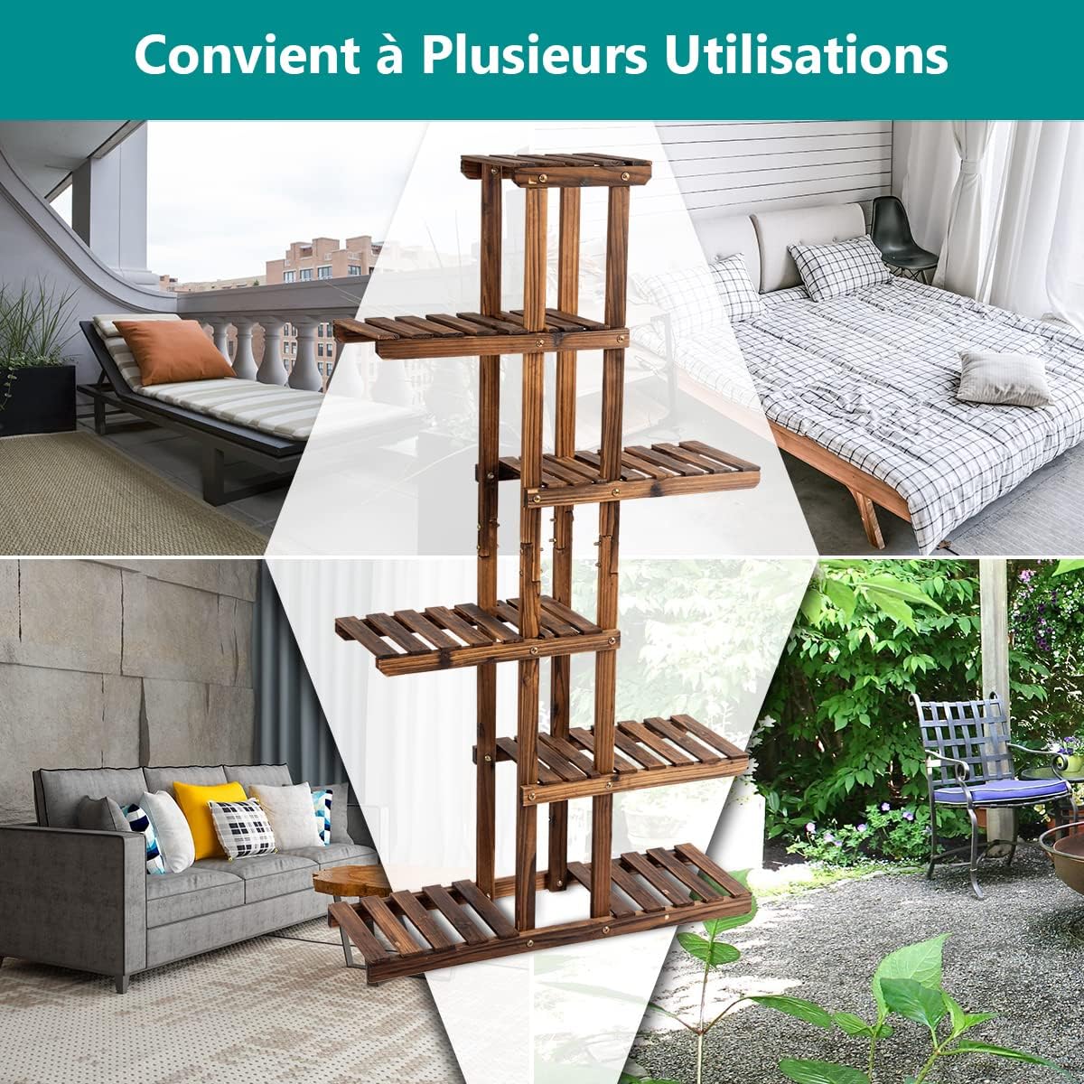 Etagère à Fleurs en Bois à 6 Niveaux, Porte-Plantes en Sapin pour Balcon Terrasse Salon, 140,5 x 25 x 75 cm - 9