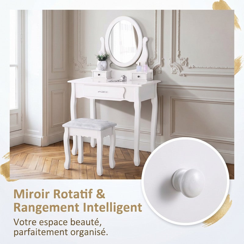 Coiffeuse Blanche avec Miroir Rotatif, Tabouret et 3 Tiroirs, Adaptée à la Chambre, 75*40*136cm, Bureau Cosmétique - 8