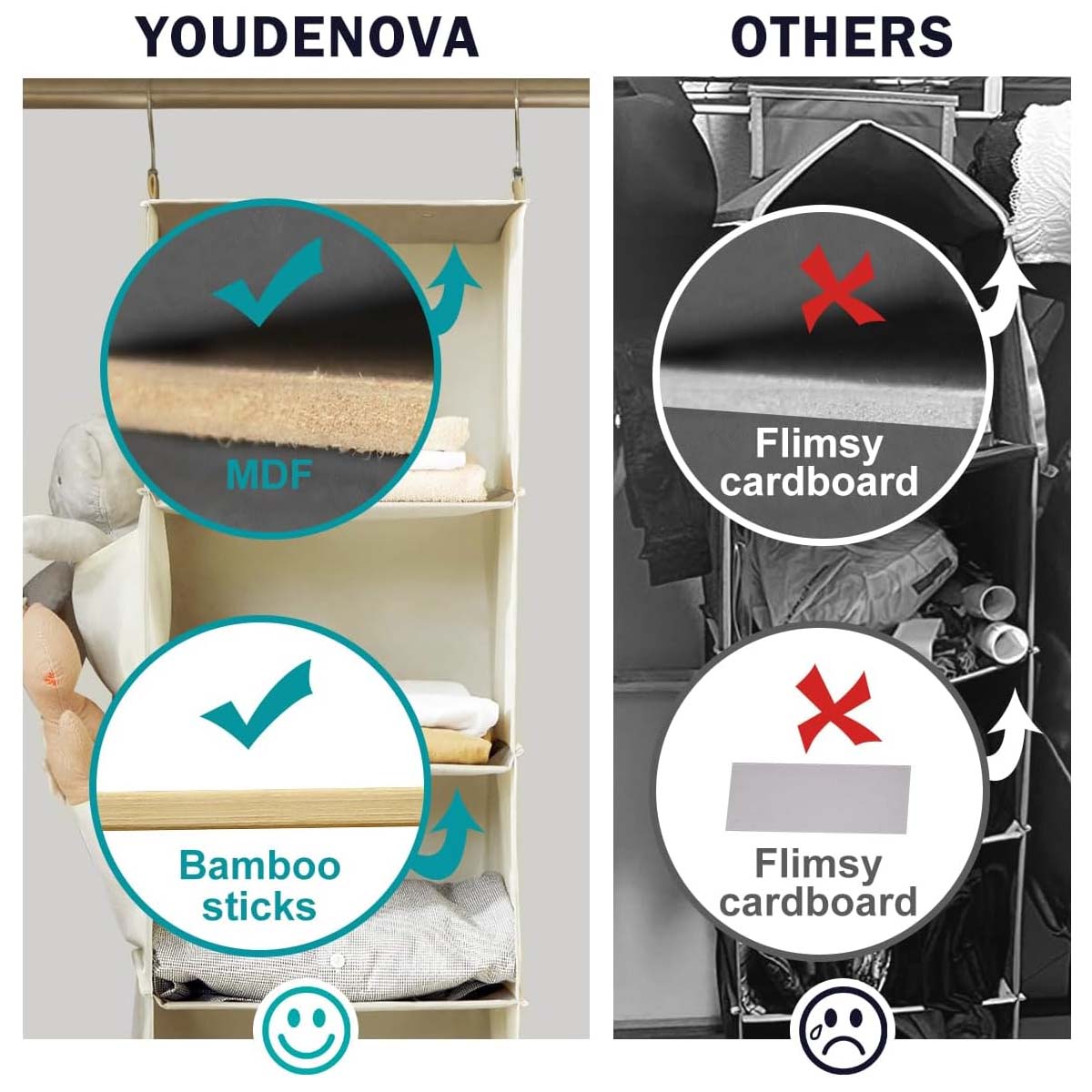 1pc Organizador de armário suspenso 6 prateleiras com bolsos laterais, saco suspenso lavável dobrável multicamadas para roupas, quarto, bege - 6