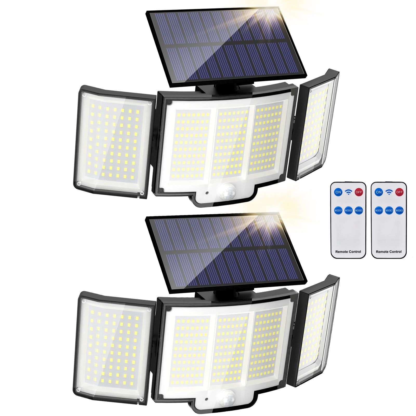 Zestaw 2 zewnętrznych lamp solarnych z czujnikiem ruchu, 348 diod LED 6500 K z pilotem, wodoodporność IP65, 3 głowice bezpieczeństwa.