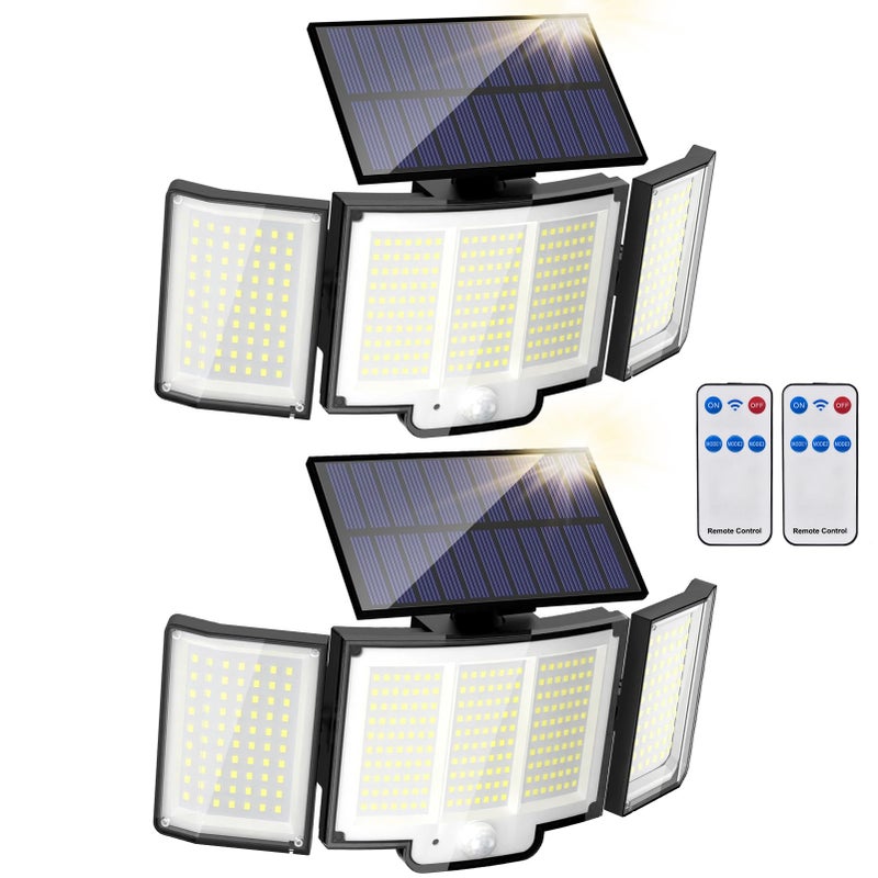 Zestaw 2 zewnętrznych lamp solarnych z czujnikiem ruchu, 348 diod LED 6500 K z pilotem, wodoodporność IP65, 3 głowice bezpieczeństwa.