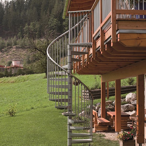 Escalier colimaçon métal extérieur 15 marches - Hauteur à franchir 3,11 à 3,47m - Diamètre 1,60m - Structure grise et marche grise - RONDOZINK160-P-15 - 3