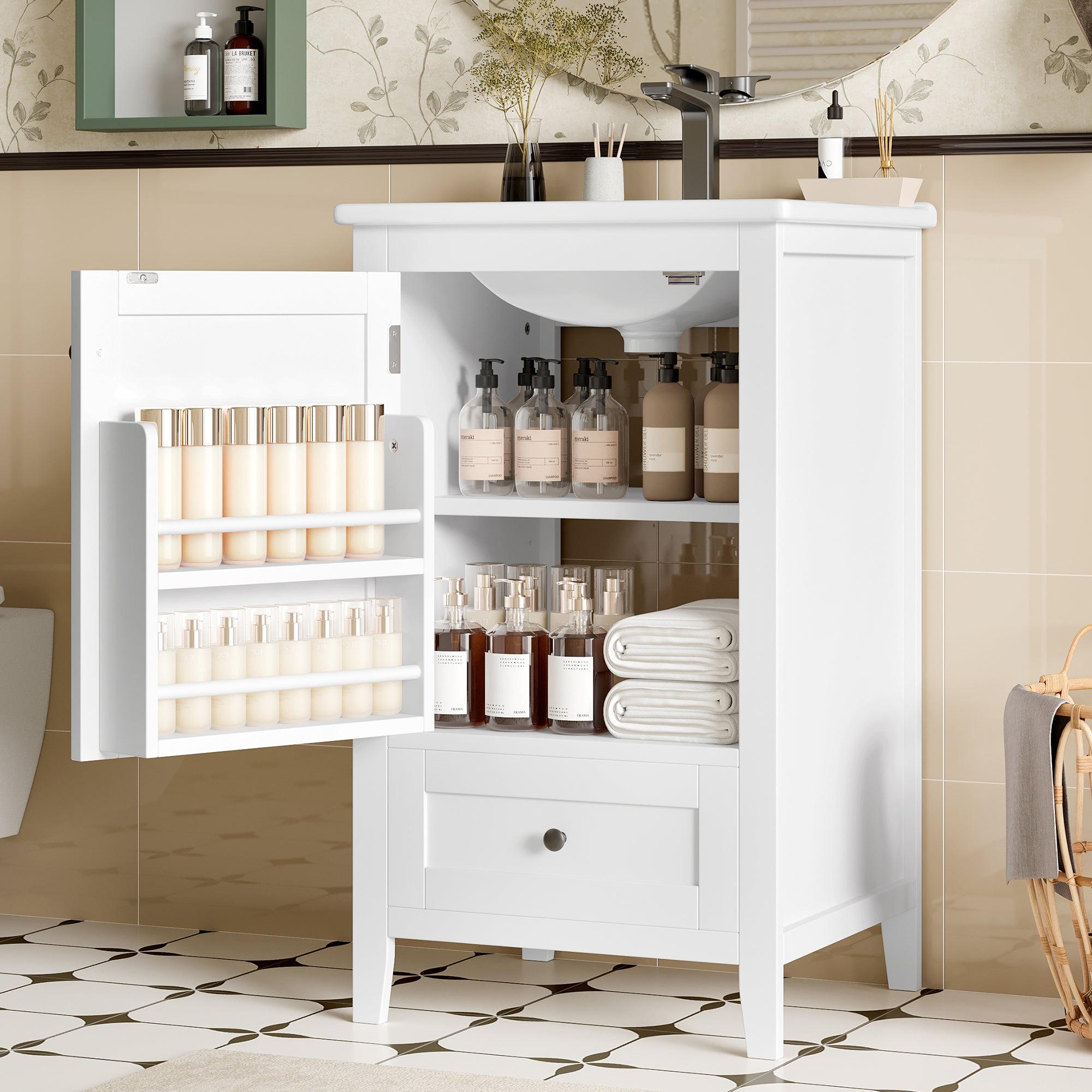 Meuble de salle de bain sur pied 51 x 46 x 85 cm avec vasque, tiroir silencieux grande capacité, étagère réglable - 3