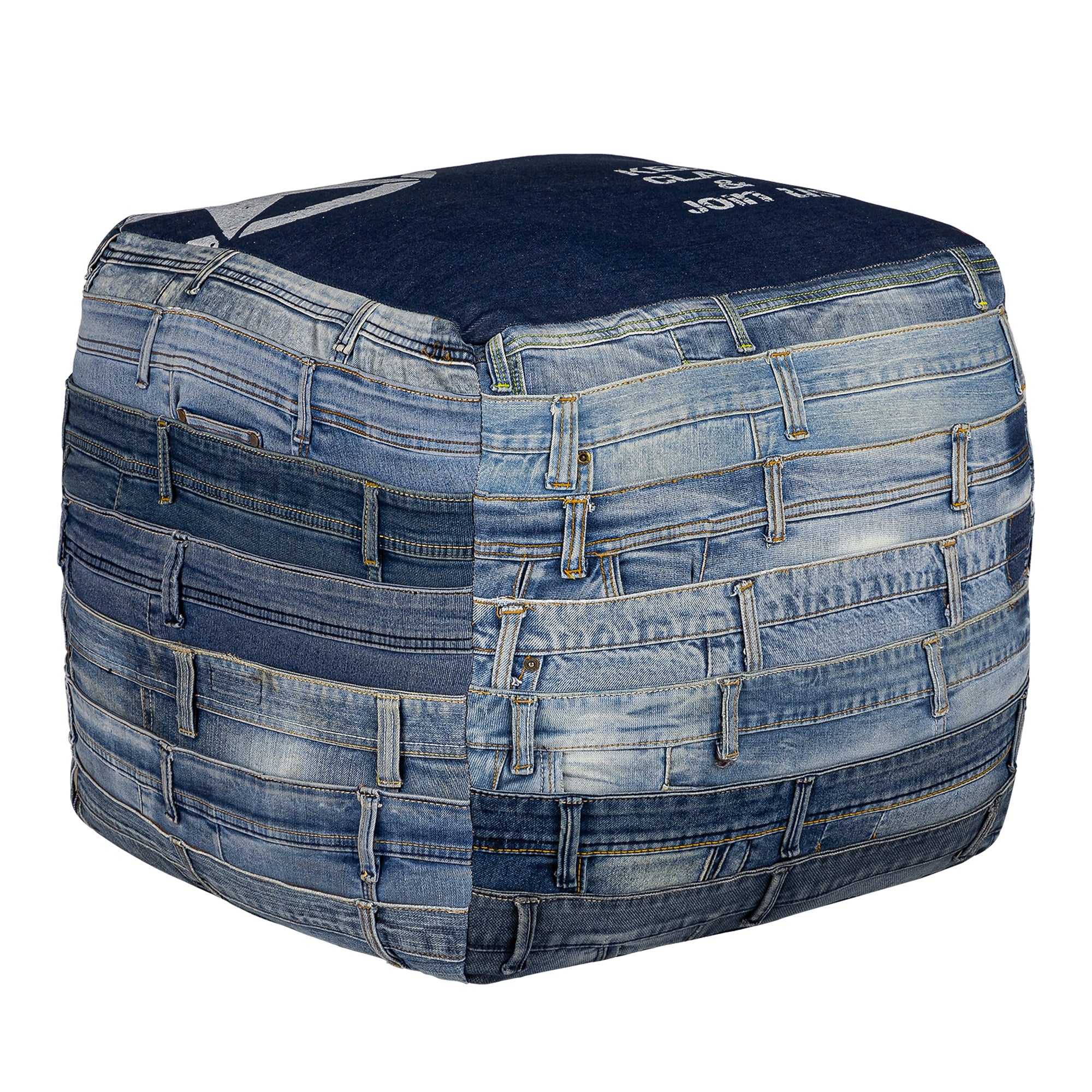 WOMO-DESIGN pufa pittsburgh 45 cm z jeansu ręcznie robiona unikat bawełniane wypełnienie kostka ottoman stołek i podnóżek do salonu niebieska