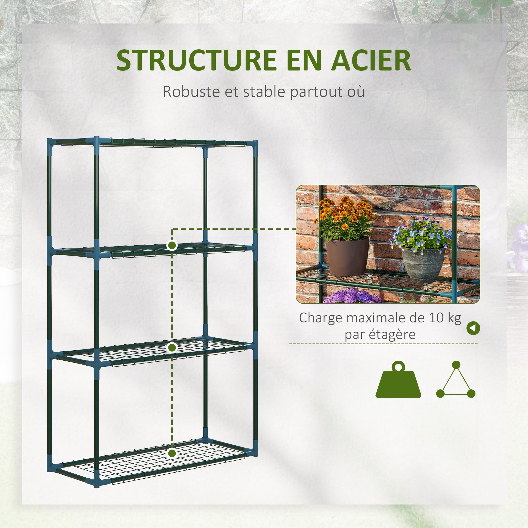 Lot de 2 Étagères à Fleurs en acier 4 Niveaux Intérieur et Extérieur. support de plantes 70 x 27 x 110 cm. vert - 8