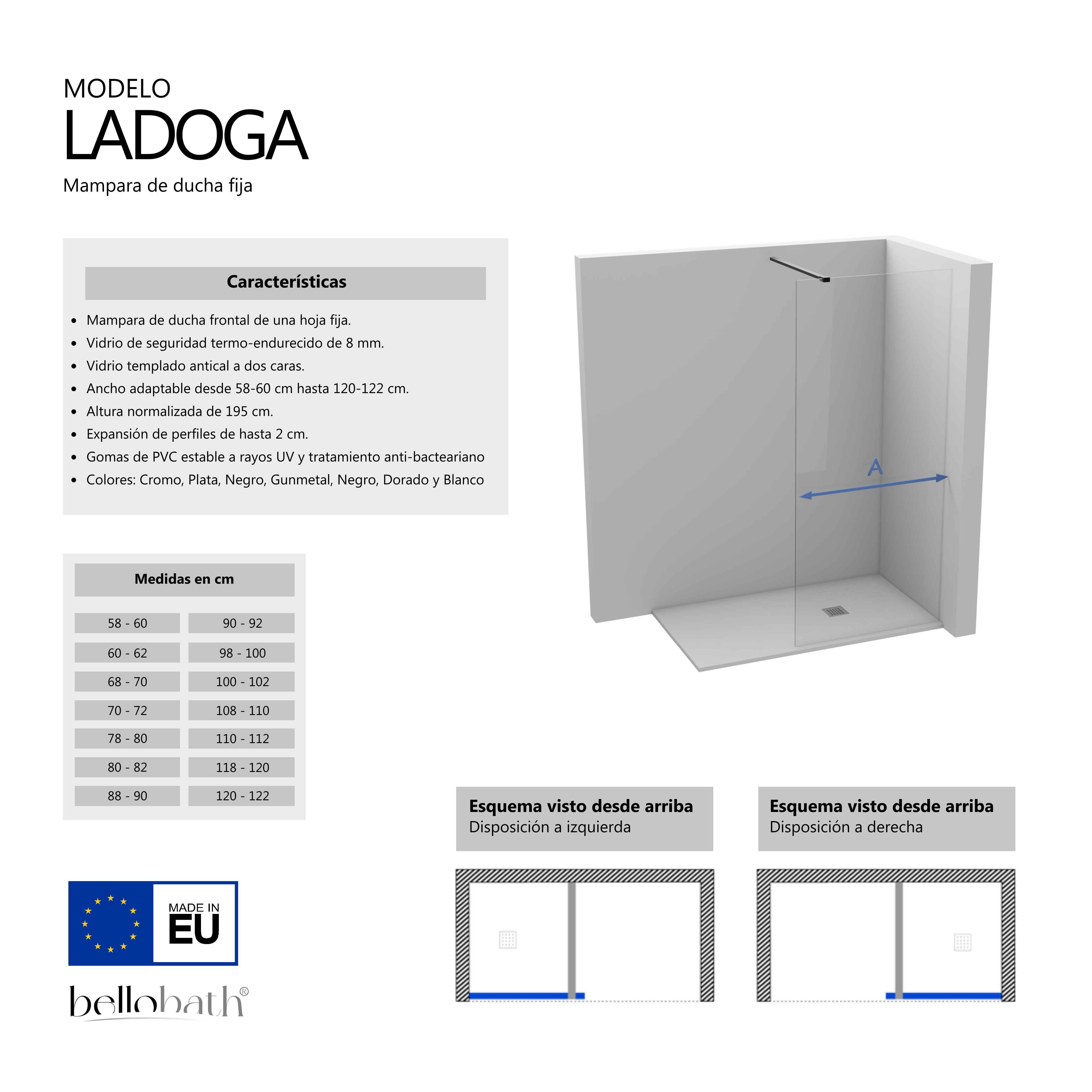 BELLOBATH - Mampara de ducha frontal panel fijo - Transparente - Perfilería Plata Brillo - Ancho adaptable 88-90 cm - Alto 195 cm - 4