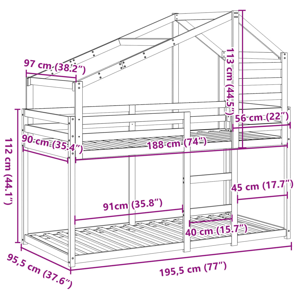 Lit superposé avec toit 90x190 cm bois massif de pin - 9