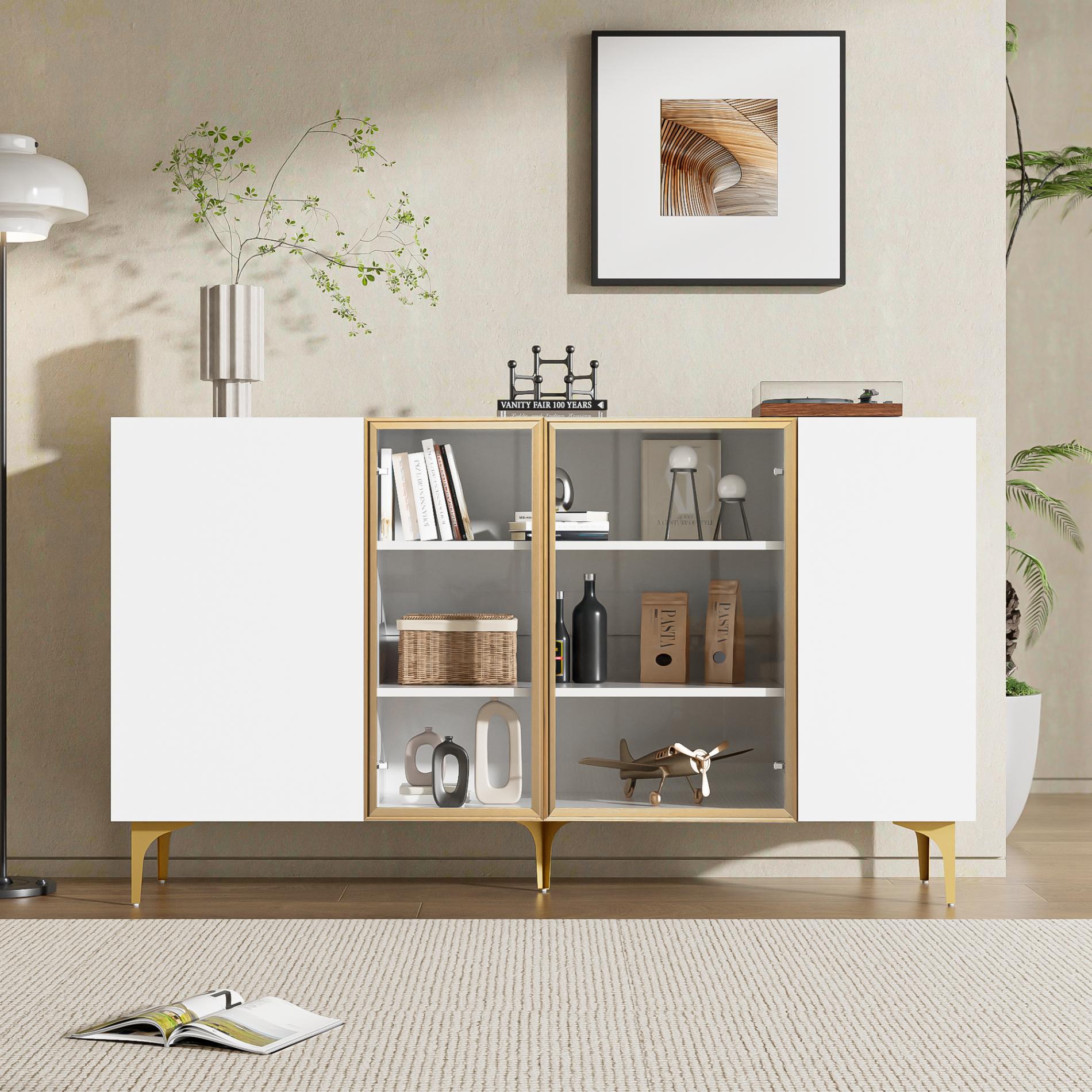 Credenza Moderna Bianca con Ante, Design Senza Maniglie, Vetro e